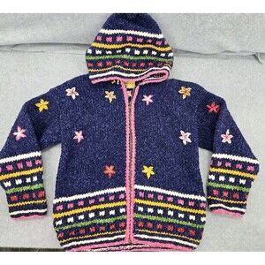 Native Hand Knit Wool Girls 10/12 Full Zip Hooded Sweater Jacket Floral Ecuador